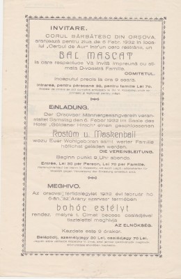 Invitatie Invitare Corul Barbatesc din Orsova Bal Mascat 1932 trilingv foto