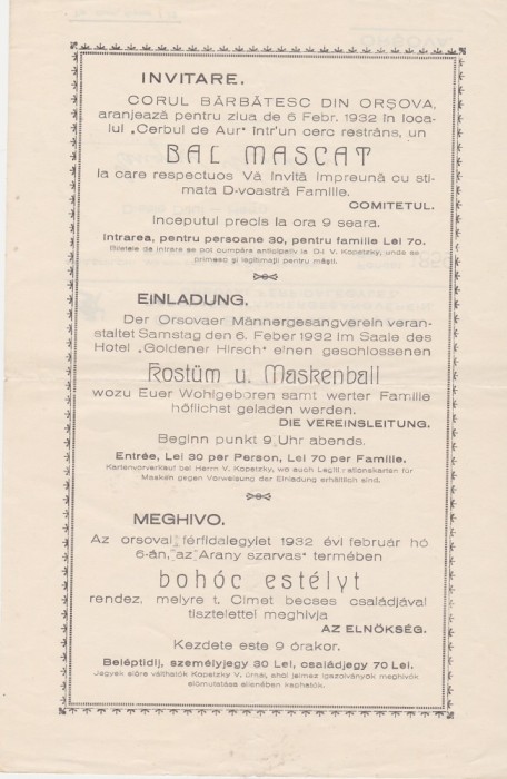 Invitatie Invitare Corul Barbatesc din Orsova Bal Mascat 1932 trilingv