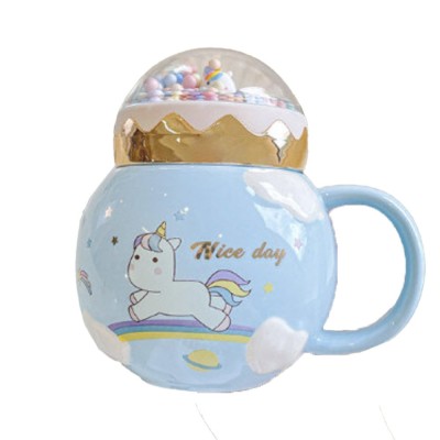 Cana din ceramica cu capac Pufo Unicorn World pentru cafea sau ceai, 400 ml, albastru foto