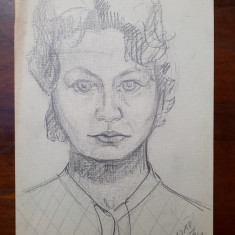1. Portret de tanara, schita , desen vechi creion carbune