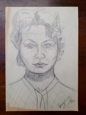 1. Portret de tanara, schita , desen vechi creion carbune foto
