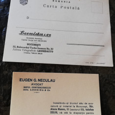 Carte postala personalizata comp.Leonidas interbelica,+carte de vizita avocat