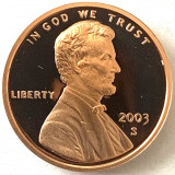 AMERICA 1 CENT 2003 PROOF LITERA S.( Memorialul Lincoln), America de Nord, Cupru (arama)