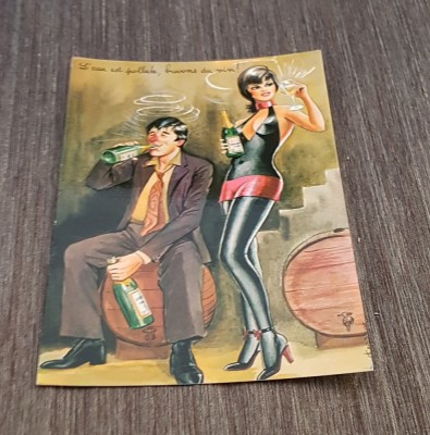 Carte Poștală Umoristică Vintage Franța &amp;ndash; Ilustrație cu Cuplu și Vin foto