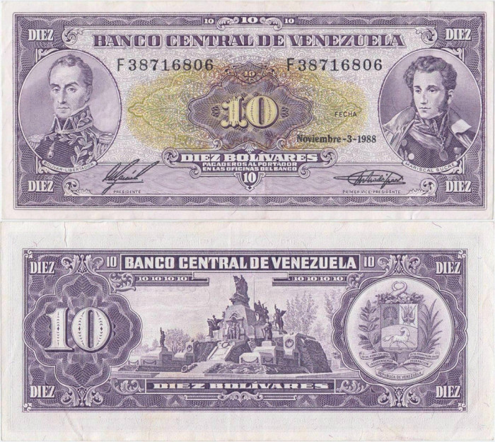 1988 (3 XI), 10 Bol&iacute;vares (P-62) - Venezuela