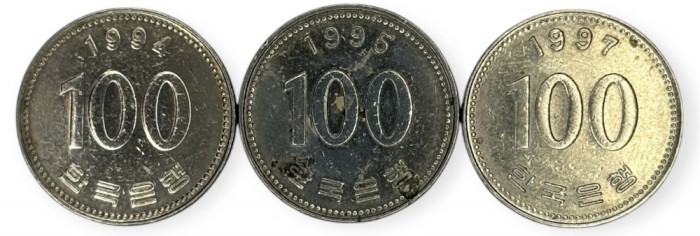 Coreea de Sud , lot 13 - 3 buc x 100 Won 1994 , 1995 , 1997
