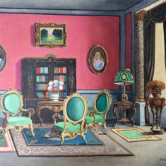 Erdős Oszkár-Interior de salon, tablou pictat pe pânză