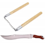 Set maceta de vanatoare IdeallStore&reg;, Knife of Mind, otel inoxidabil, argintie, 46 cm si nunceag lemn