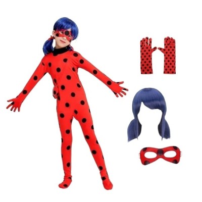 Set costum copii Buburuza &amp;ndash; tip combinezon rosu, cu masca, peruca si manusi, marime 100&amp;ndash;110 cm, varsta 3&amp;ndash;5 ani foto