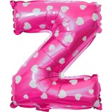 Balon folie metalizata litera z, flippy, 40 cm, cu imprimeu inimioare, umflati cu heliu sau aer, ambalaj individual, pai inclus, roz