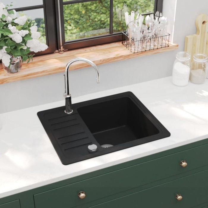 vidaXL Chiuvetă de bucătărie din granit cu o cuvă, negru 142952
