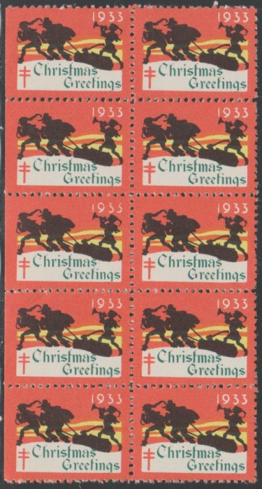 1933 SUA - Bloc de10 vignete de Craciun + Campanie Anti Tuberculoza, TBC