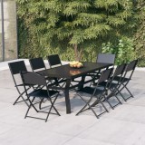 Set mobilier gradina vidaXL, 9 piese, gri/negru, otel, textilena, pliabil, masa sticla 180x80x70cm, scaune 45x54x86cm