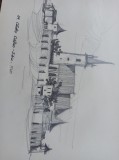 Cumpara ieftin CETATEA CRISTIAN- SIBIU * DESEN IN CREION, 1960, Peisaje, Acrilic, Realism