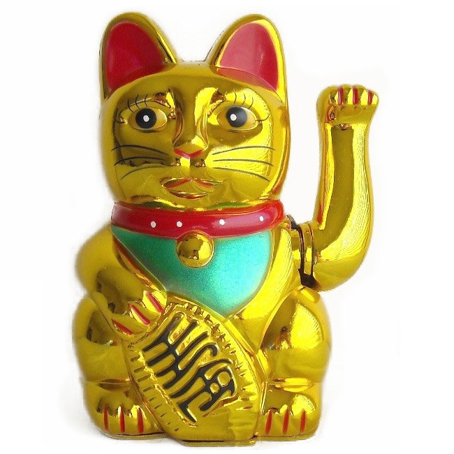 Pisica norocoasa aurie Feng Shui, simbol de noroc si prosperitate, 16 cm