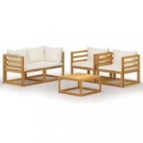 Set mobilier gradina vidaXL, 6 piese, lemn masiv acacia, crem, perne incluse, masa 68x68 cm, canapele colt, fotolii, rezistent intemperii