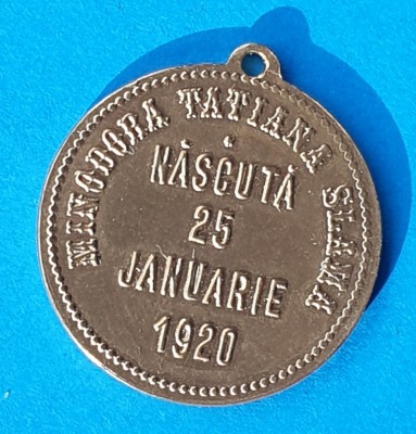 Medalion moneda - Jeton vechi perioada regala Marturie de Botez anul 1920 foto