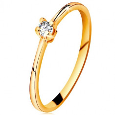 Inel din aur 585 - diamant transparent strălucitor în montură în patru puncte, brațe înguste - Marime inel: 60