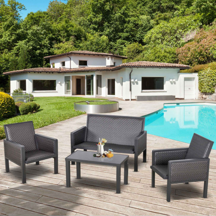 Outsunny Salon de Gradina cu Canapea de Exterior din Ratan Set 4 Buc Gri