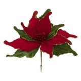 Floare decorativa de Craciun, catifelata, rosie si verde cu glitter, cu clips, 32 cm, CMCLASS