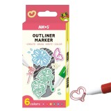 Set 6 markere cu efect bicolor pe baza de alcool,centru argintiu metalizat, varf rotund