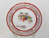 Antichitate: Farfurie porțelan bavarez traforat reticular, pictată manual, cca. 1910-1923 - decor Kutani 2 - marcaj Schwarzenhammer, Germany