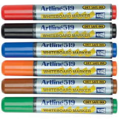 Marker Pentru Tabla De Scris Artline 519 - Dry Safe Ink, Varf Tesit 2.0-5.0mm, 6 Culori/set