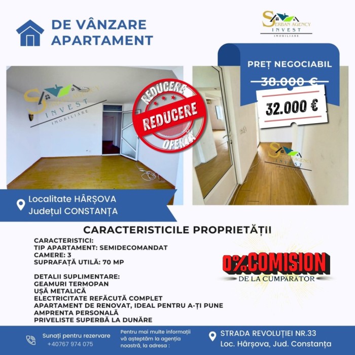 COMISION 0 DE LA CUMPARATOR! Apartament de v&acirc;nzare &ndash; H&acirc;rșova, bloc H2