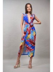ROCHIE LUNGA DE OCAZIE MODEL ABSTRACT CU PERNITE LA UMERI SINCRONIA XS-S Albastru Deschis