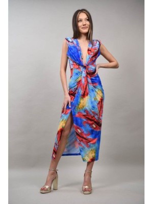 ROCHIE LUNGA DE OCAZIE MODEL ABSTRACT CU PERNITE LA UMERI SINCRONIA XS-S Albastru Deschis foto