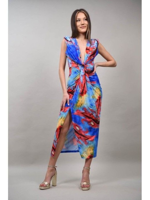 ROCHIE LUNGA DE OCAZIE MODEL ABSTRACT CU PERNITE LA UMERI SINCRONIA XS-S Albastru Deschis