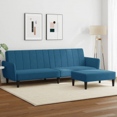 Canapea extensibila cu 2 locuri si taburet, albastru, catifea GartenMobel Dekor