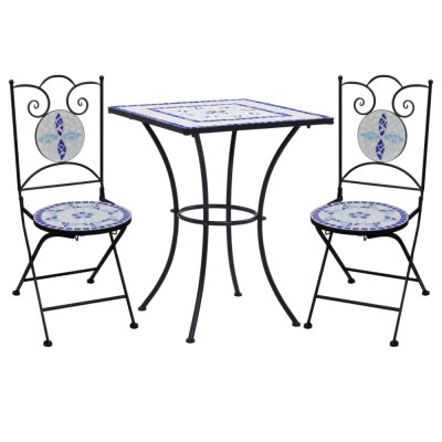 vidaXL Set de bistro mozaic, 3 piese, albastru &amp;amp; alb, placă ceramică foto