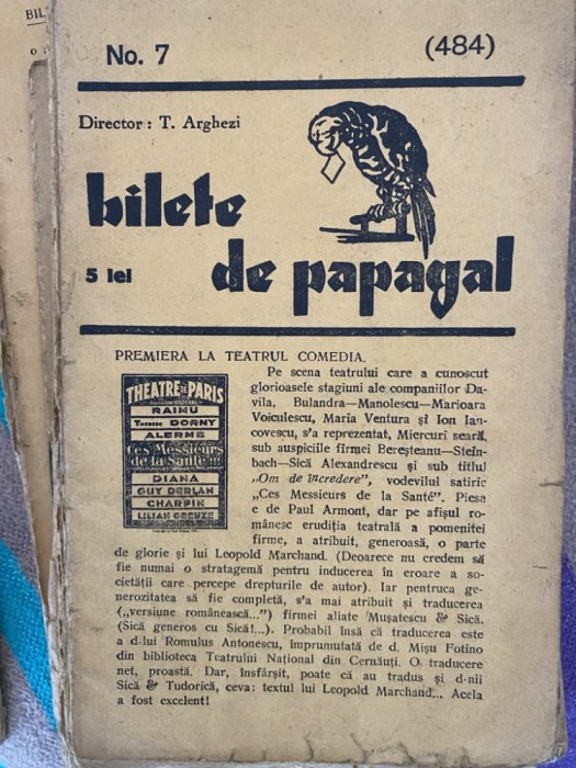 Bilete de papagal 1937 nr. 7 (484) Arghezi Teatrul Comedia