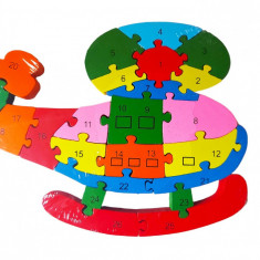 Puzzle 3D din lemn pentru copii cu Alfabet si Cifre, Elicopter, 26 piese, 26 cm, 18010SX