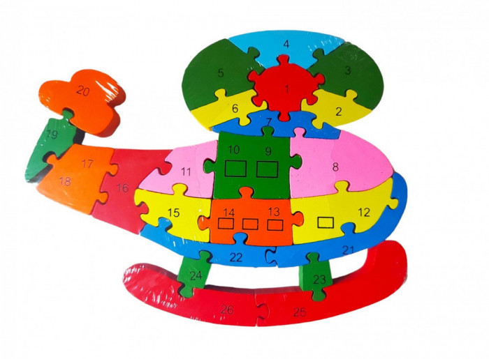 Puzzle 3D din lemn pentru copii cu Alfabet si Cifre, Elicopter, 26 piese, 26 cm, 18010SX