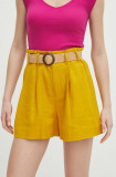 Medicine pantaloni scurti din in femei, culoarea galben, neted, high waist