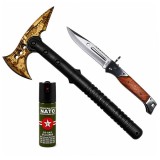 Cumpara ieftin Set topor SurvivormBriceag Automat din Oțel 440C si Spray Autoapărare NATO 39 cm/60 ml/27 cm, husa inclusa