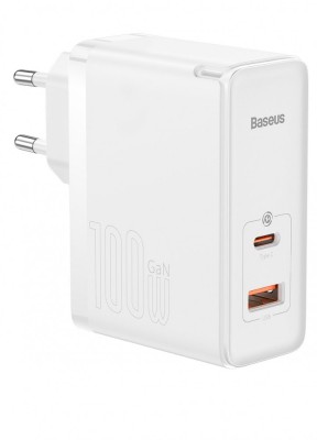 INCARCATOR retea Baseus GaN5 Pro, Quick Charge 100W, 1 x USB, 1 x USB Type-C, include cablu USB Type-C la USB Type-C 100W 1m, alb &amp;quot;CCGP090202&amp;quot; (timbru foto