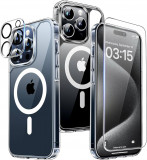 Set Husa tip MagSafe pentru iPhone 15 Pro Max cu Folie Ecran si Camera 3 in 1, Transparent, Silicon, Carcasa, Oem