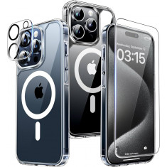 Set Husa tip MagSafe pentru iPhone 15 Pro cu Folie Ecran si Camera 3 in 1