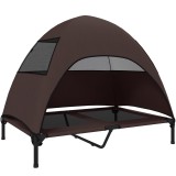 PawHut Pat exterior pentru c&acirc;ini cu acoperiș, Pat ridicat pentru c&acirc;ini mari, 106 x 76 x 99 cm, Cafea | Aosom Romania