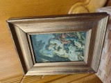 Miniatură epocă "La Cage"după F.Boucher -pictură &icirc;n ulei pe p&acirc;nză, ramă foiță de aur
