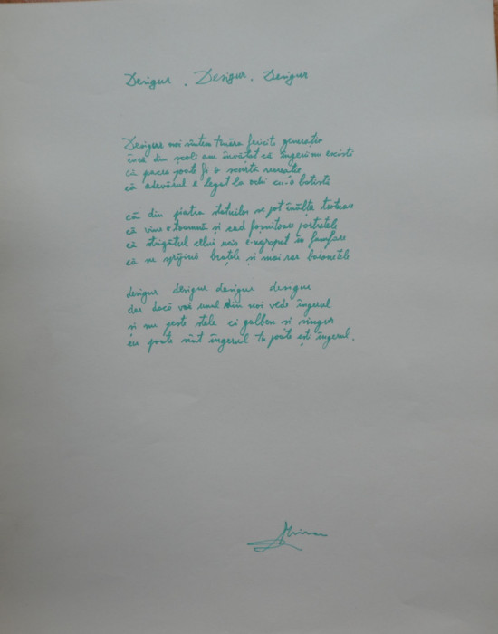 Manuscris de expozitie scris olograf al poetului Mircea Dinescu, poezia Desigur. Desigur. Desigur