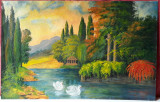 Peisaj cu lebede, anul 1960, pictura, Peisaje, Ulei, Realism