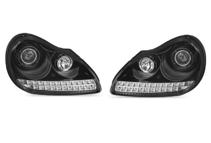 Set faruri tuning Porsche Cayenne, 2002-2006, cu LED indicator; cu LED parking light; D1S+H1; manual/electrical; negru, transparent; Tuning; xenon,