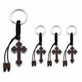 Cumpara ieftin Set 4 brelocuri maro-argintiu 9 cm cu cruce 4 x 2,4 cm, grosime 4 mm, inel 2,9 cm, snur maro inchis, accesorii crestine port chei si marturii botez