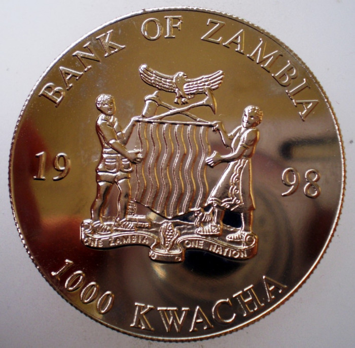 5.352 ZAMBIA EUROPEAN UNITY ONE CURRENCY 20 EURO 1000 KWACHA 1998 PROOF 38mm