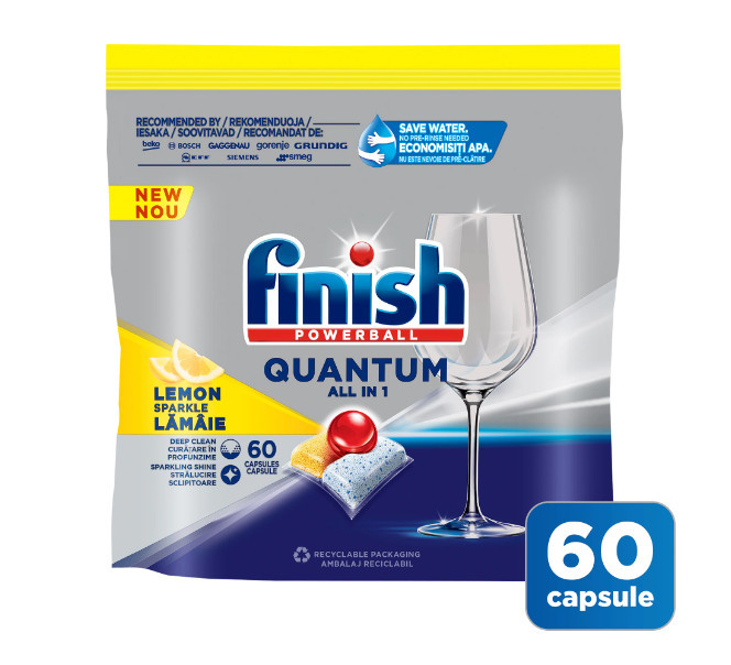 Detergent capsule pentru masina de spalat vase Finish Quantum All in 1 Lemon, 60 spalari