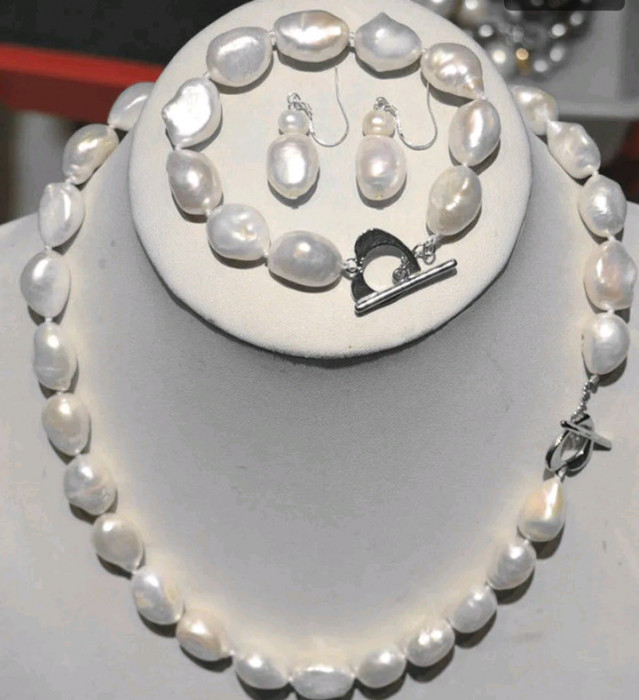 Set colier, brățară , cercei perle cultură albe,baroque